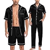 SWOMOG Mens 3pcs Pajamas Set Silk Satin Short Sleeve Sleepwear Button Down Pjs Classic Loungewear Nightwear