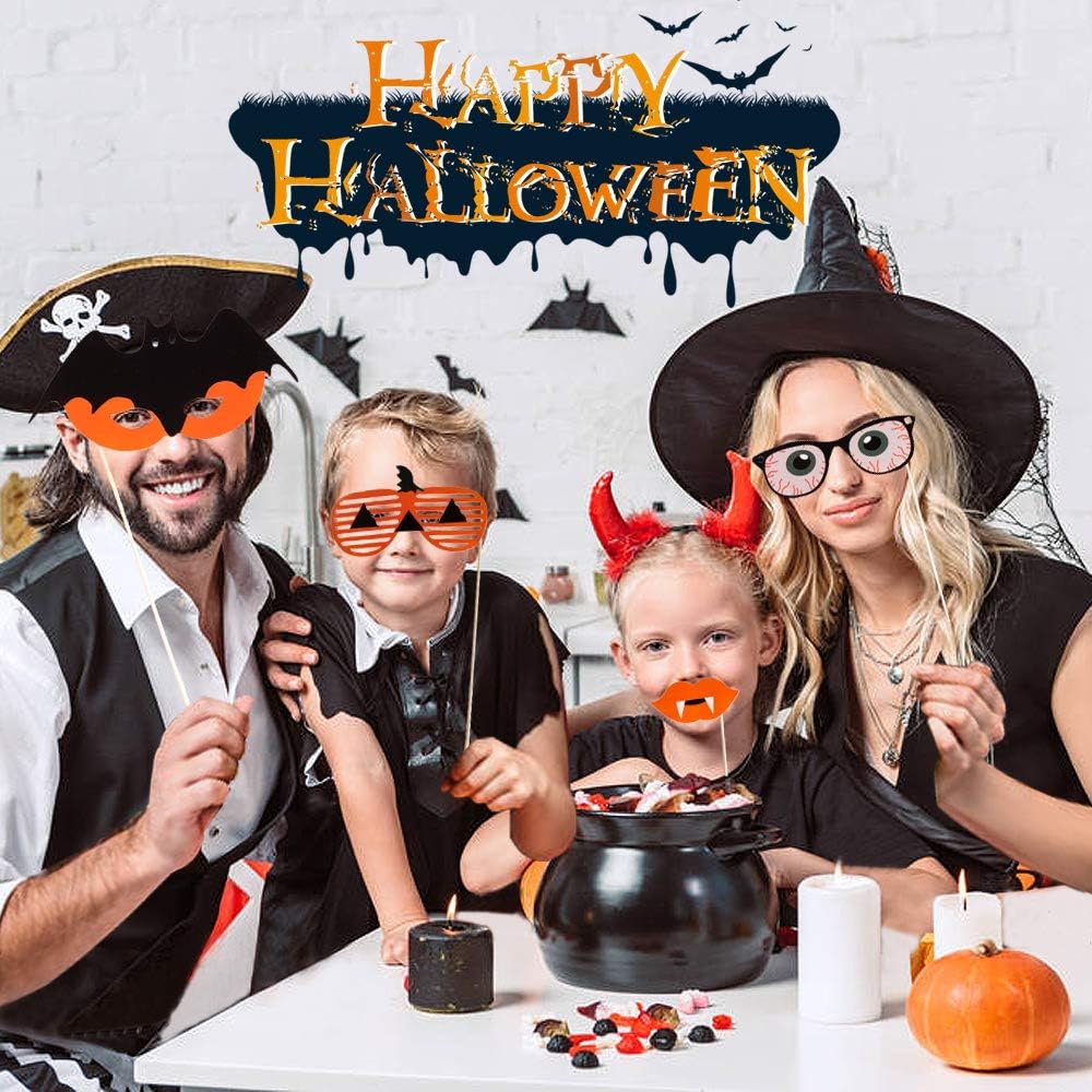 PUSITI Pre-assembled Halloween Photo Booth Props 35 Pieces Party Favors Decorations Halloween Props Pumpkin Ghost Lips Skull Glasses Wizard Hat Spider Mask Pose Sign Kit Funny Halloween Photo Booth Props 2020 Version: Toys & Games