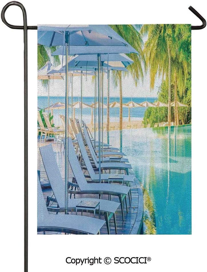 RWNFA Welcome Garden Flag - Double Sided Decorative House Flag, Luxury Hotel Pool Near Beach Palm Trees Exotic Resort Rustic Country Garden Yard Flag for Home Seasonal Outdoor Decor 12 x 18 Inch