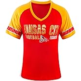 Womens City Football Fans Vintage Sporty V Neck Tee Shirts - Red & Yellow