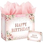 Laidans 13" Happy Birthday Gift Bag with Tissue Paper and Card for Girls Kids Party (Rose Gold) (Happy Birthday)