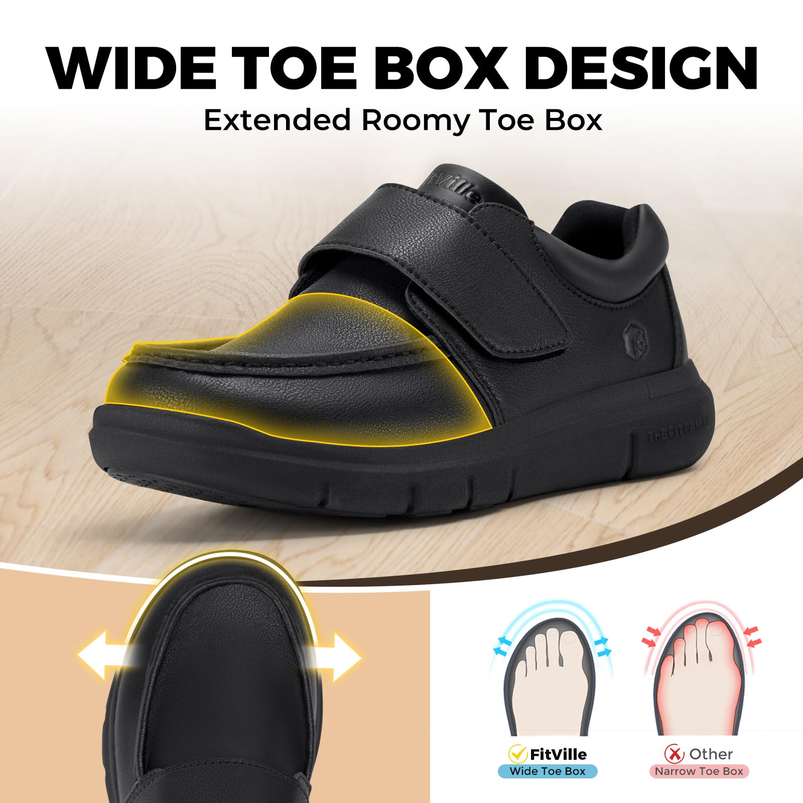 FitVille Diabetiker Schuhe Herren Extra Weit Leder Schuhe Orthopädische Schuhe mit Klettverschluss Verstellbare Hausschuhe Bequemer Lässige Business für Geschwollene Füße Schwarz 46 EU X-Weit 3