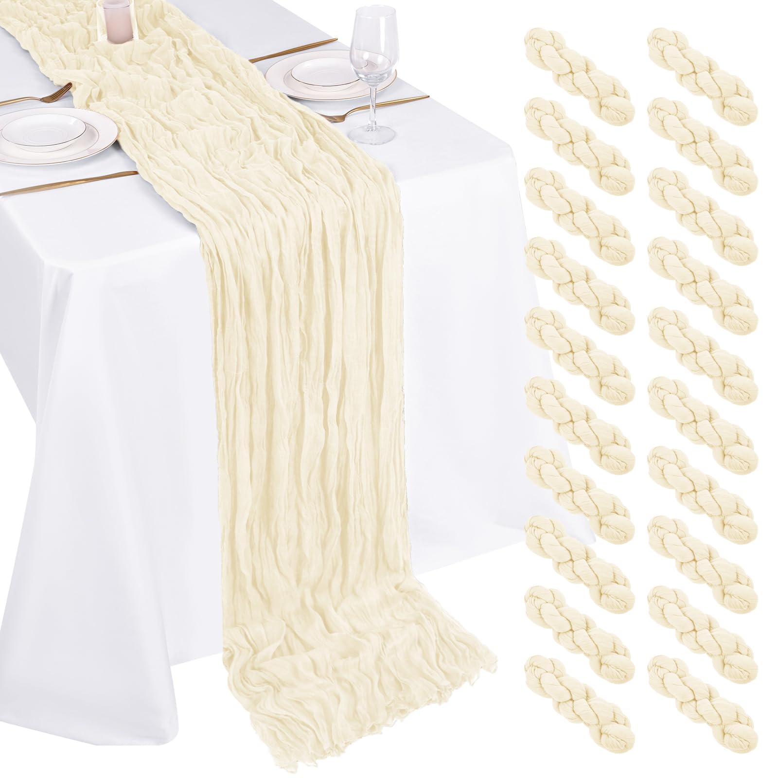 Photo 1 of 20 Pack Cheesecloth Table Runner - 17x108 Inch Ivory Boho Gauze Cheese Cloth Table Runners for Baby Bridal Shower Decoration Wedding Party Summer Garden Farmhouse