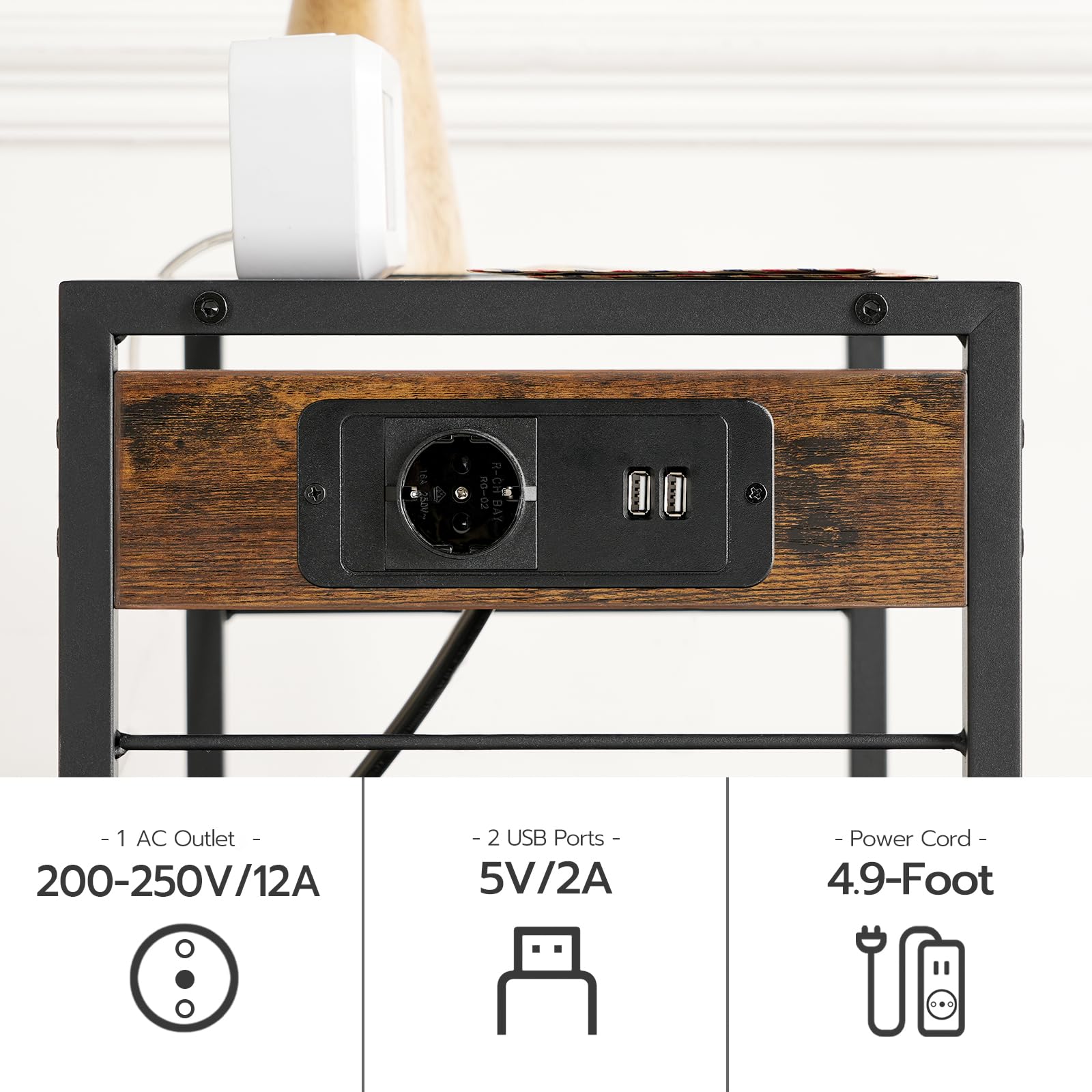 HOOBRO Druckerständer, 3-stufiger Druckerständer mit Ladestation, Lagerregal mit Rollen/verstellbaren Füßen, mit 2 Haken, für das Heimbüro, Vintagebraun und Schwarz EBF22CPS01 4