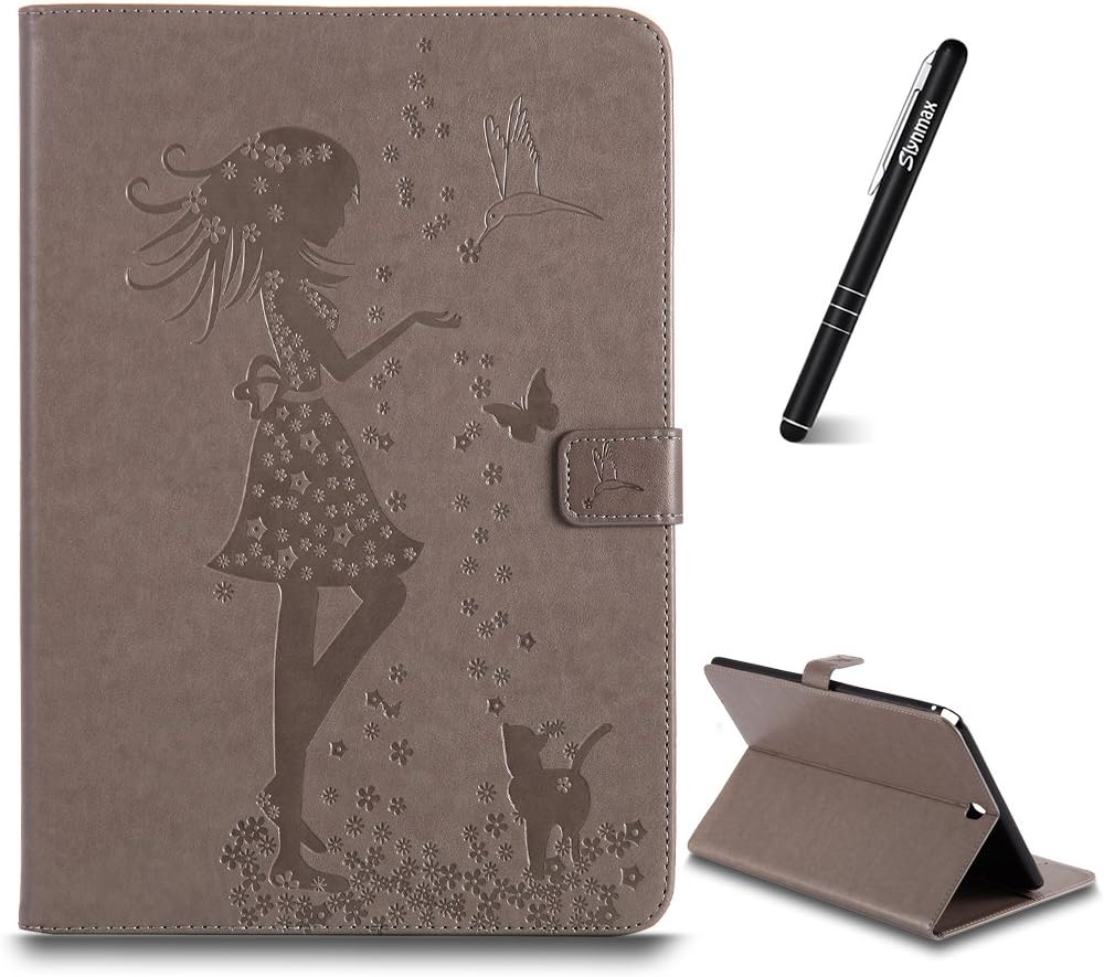 Slynmax Samsung Galaxy Tab A 9.7 inch Tablet SM-T550 Case Grey,Floral Girl Flower Cat Bird Design Flip Tablet Folio Foldable Leather Notebook Leather Wallet Case Silicone Inner Stand Card Holder