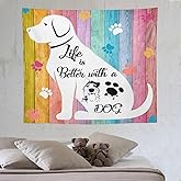 ZhiRain Cute Dog Tapestry Wall Hanging Kids Animal Wood Plank Child Country Farmhouse Footprint Pet Tapestries Home Decor for Living Room Bedroom Apartment Farmhouse Dorm 50