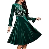 Bbonlinedress Velvet Sequin Cocktail Long Sleeve Dress for Women Velvet Vintage Wedding Guest Midi Dress