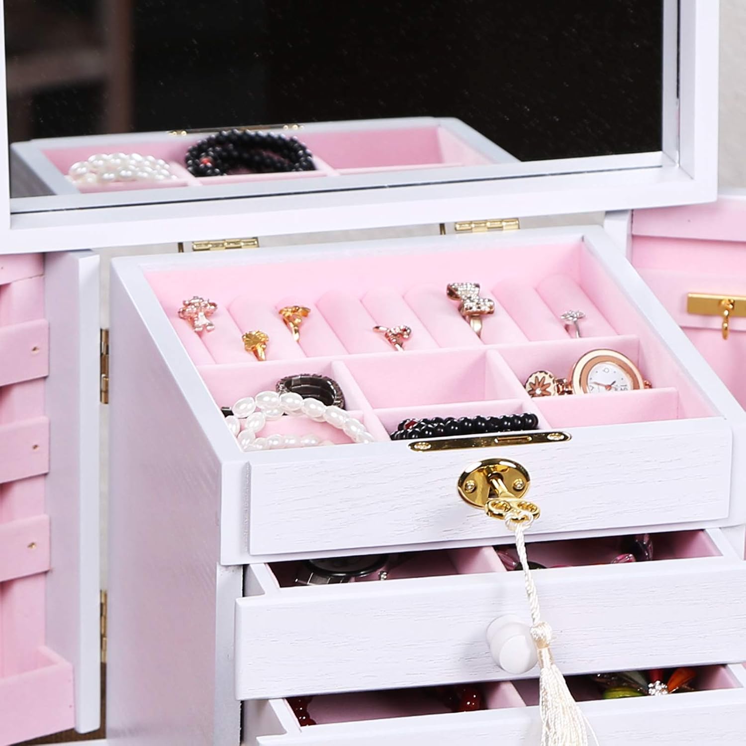 Changsuo Jewelry Box Organizer with Lock for Women Lockable Large Dresser Top Wooden Jewelry Storage Box (White): Home Improvement