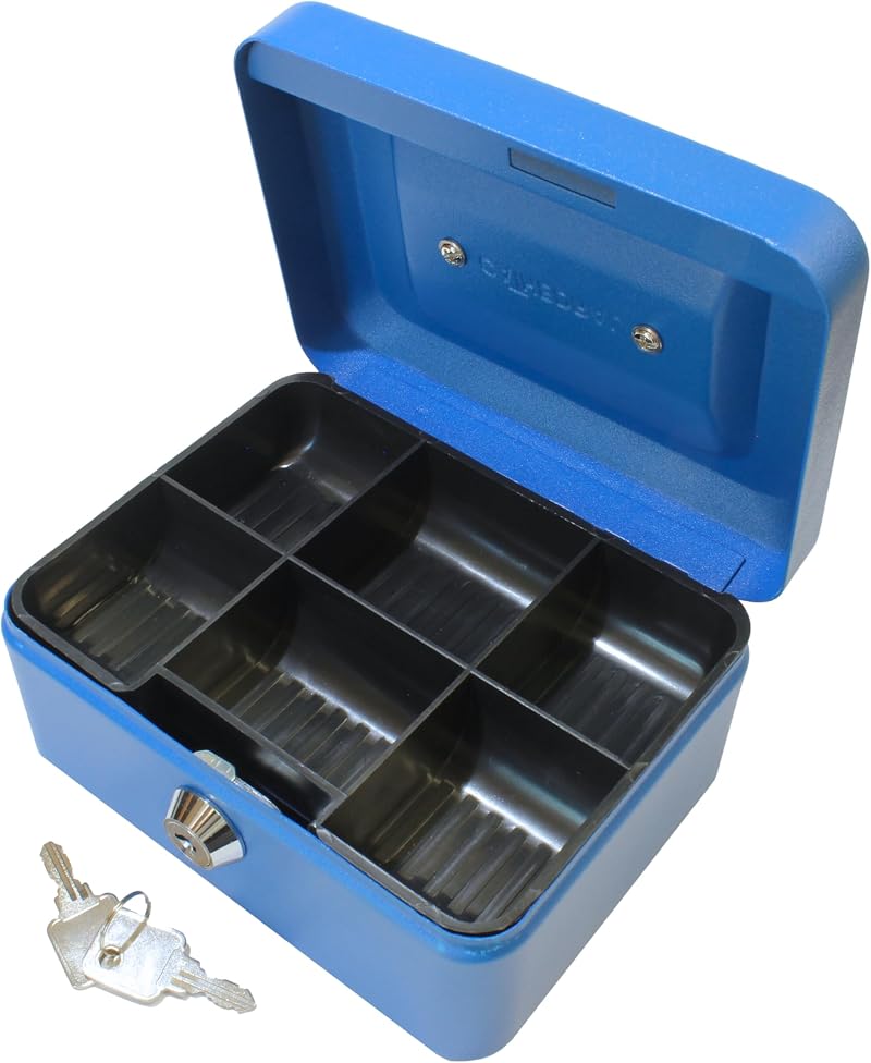 Cathedral Products Key Lockable Cash Box 6 Inch Blue with 6 Compartment Tray
