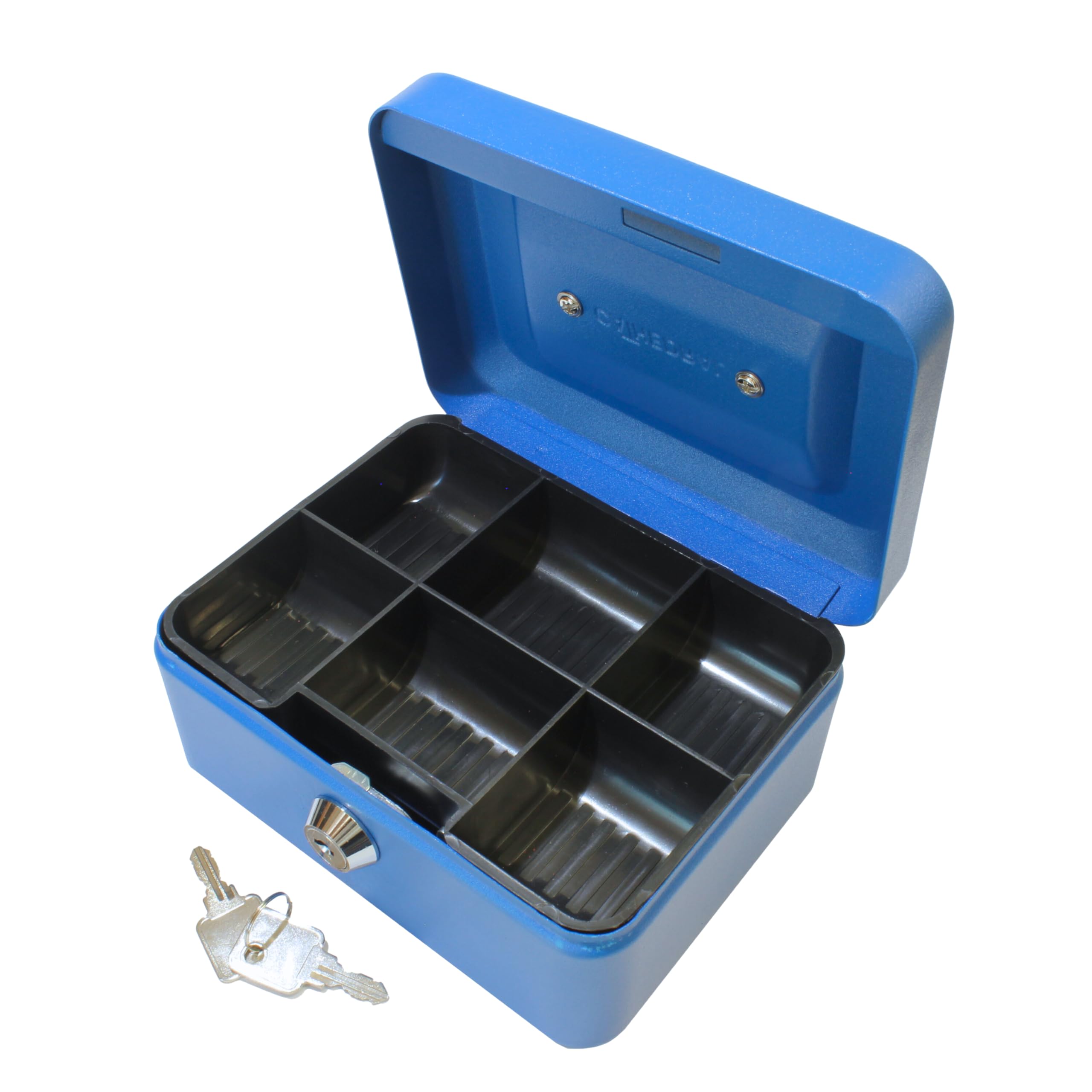 Cathedral Products Key Lockable Cash Box with Lift Out 6 Compartment Coin Tray - 6 Inch - Blue