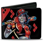 Buckle-Down Men's PU Bifold Wallet-Harley Quinn Issue #20 LA Baseball Cover Pose Diamonds Black/Red, Multicolor, 4.0" x 3.5"