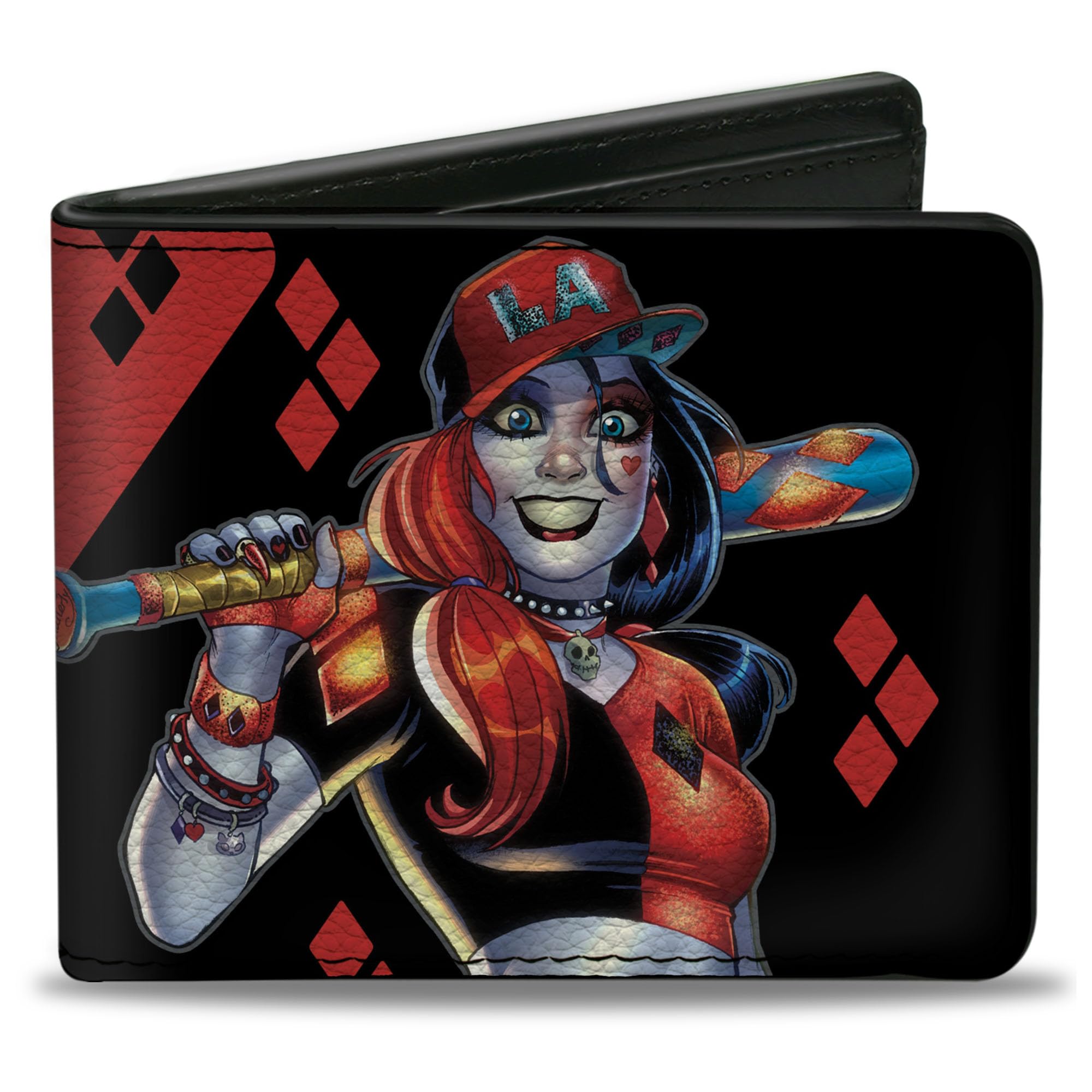 Buckle-Down Men's PU Bifold Wallet-Harley Quinn Issue #20 LA Baseball Cover Pose Diamonds Black/Red, Multicolor, 4.0" x 3.5", Multicolor, 4.0" x 3.5", Pu Bifold Wallet - Harley Quinn Issue
