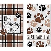 Croar Dog Cat Paw Print Kitchen Dish Towels Set of 2, Best Furbaby Ever Drying Hand Towels Stay Pawsitive Baking Cooking Cloth, Plaid Farmhouse Home Kitchen Decoration Pet Lover Gifts 18 x 26 Inch