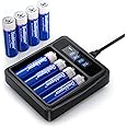 Doublepow Rechargeable AA Batteries with Charger,AA Lithium Batteries with 4 Bay Individual Battery Charger,Fast Charging,8 Pack of 1.5V AA Batteries