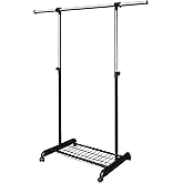 LiaMeE Adjustable Clothing Rack for Hanging Clothes, Heavy Duty Garment Rack with Wheels，Free Standing Rolling Clothes Rack with Shelf & Grid, Easy Assembly Standard Rod, Black & Chrome
