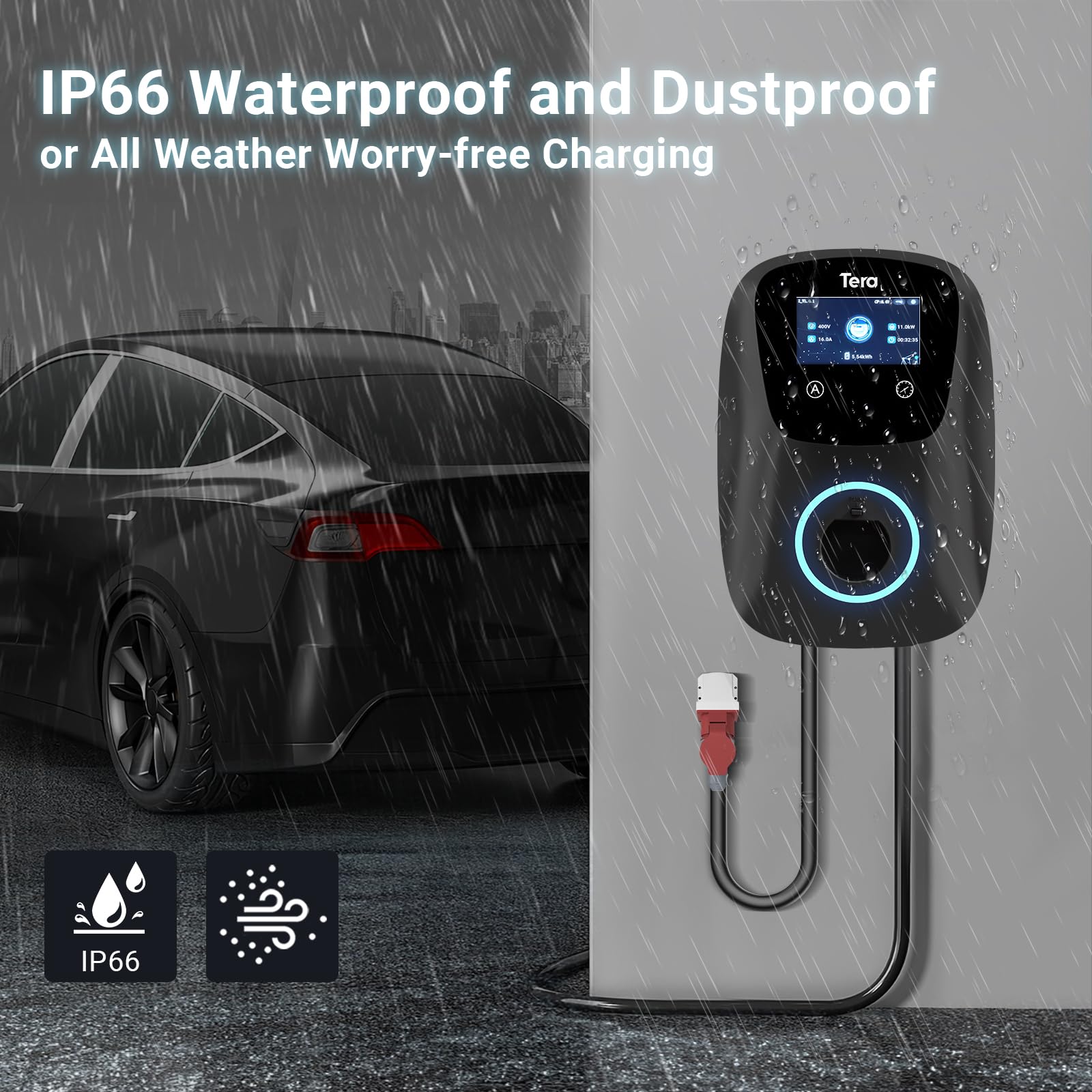 Tera Smart EV Ladegerät Typ 2 Wallbox mit APP 11kW 16A 400V CE&TÜV mit Wlan & Bluetooth 7m Ladekabel mit Ladegerätehalter Heim Wallbox CEE 3-Phasen Stecker für EVs & PHEV W01 Schwarz 5