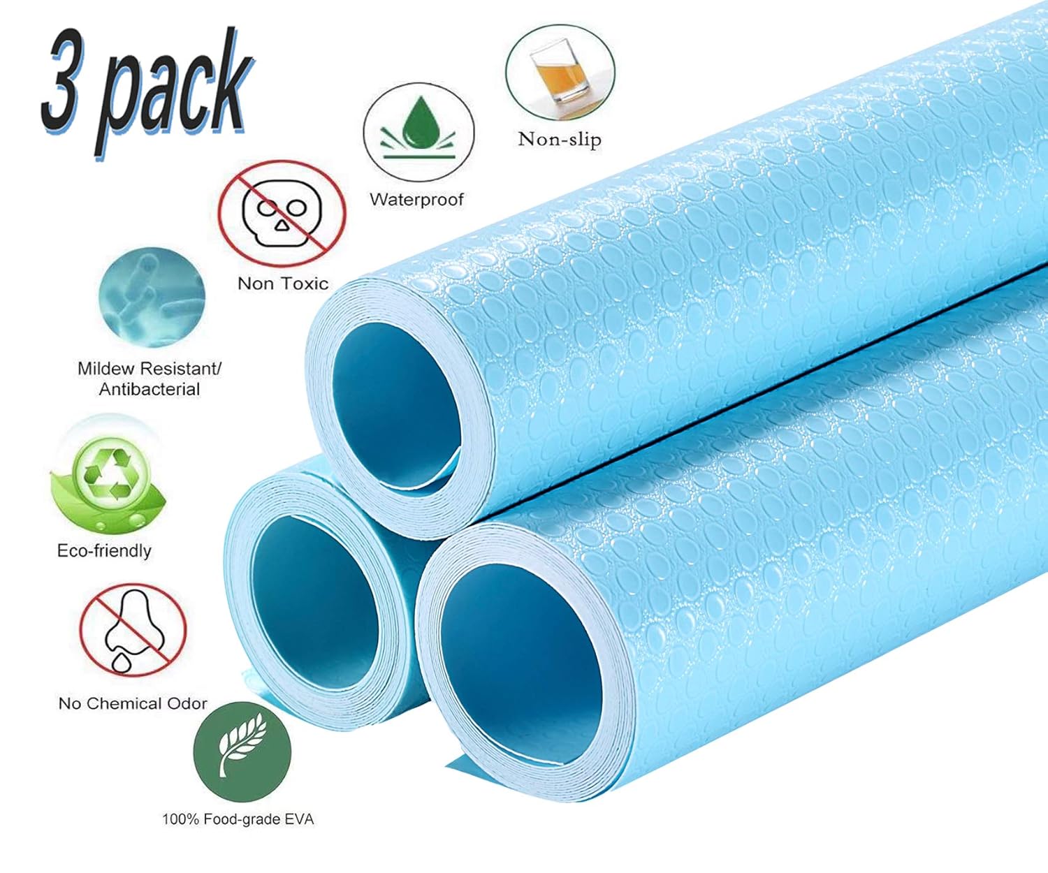 Conveasy 3 Rolls EVA Shelf Liner for Kitchen Cabinet Non-Slip Anti-Mildew Anti-Bacterial Refrigerator Mat Waterproof Cupboard Drawer Pad Dustproof Shoe Cabinet Mat 17.7"x59" -Blue