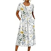 LOVESHOOT Size S Womens Summer Midi Dress 2026 Casual Short Sleeve A Line Dress with Pockets Evening Wedding Guest Work Floral 03 White