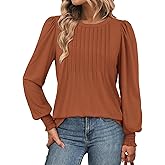 ATHMILE Womens Long Sleeve Shirts Crew Neck Tops Pleated Business Casual Blouses with Smocked Cuffs Trendy T-Shirts
