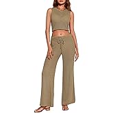 Saodimallsu Womens 2 Piece Crochet Swimsuit Cover Up Sleeveless Crop Top Drawstring Long Pants Set Beach Outfits