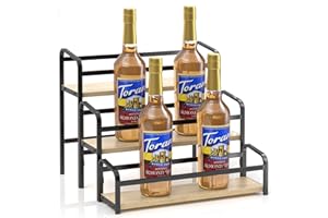 IYEBAU Coffee Syrup Rack,12 Bottle Capacity,3 Tier Coffee Bar Organizer,Kitchen Wine Rack,Coffee Station for Syrup, Wine Stand Shelf,Coffee Bar Accessories (Light Yellow Wood, Black)