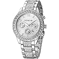 FANMIS Luxury Unisex Pave Floating Crystal Diamonds Calendar Digital Quartz Watch Business Dress Watch Luminous Pointer with Stainless Steel Link Bracelet (Silver)