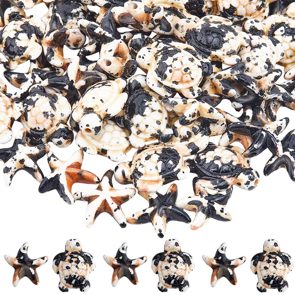 SUNNYCLUE 100PCS 2 Styles Turquoise Turtle Beads Starfish Beads Summer Hawaii Ocean Animal Sea Life Lucky Black White Gemstone Loose Spacer Bulk for Jewellery Making Beading Kit Bracelets Crafts