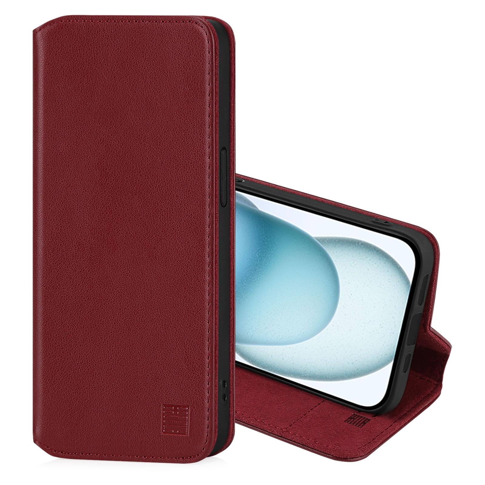 32nd Classic Series 2.0 - Real Leather Book Wallet Flip Case Cover For Apple iPhone 15 Plus (6.7"), With RFID Blocking Card Slot, Magnetic Closure and Built In Stand - Burgundy