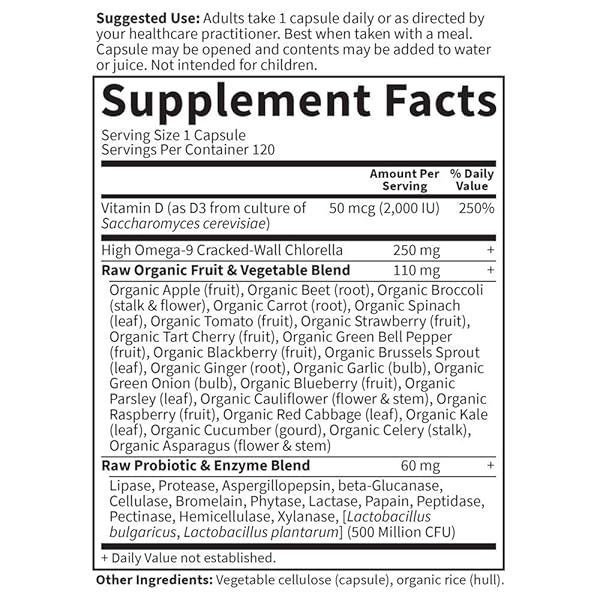 GARDEN OF LIFE D3 – VITAMIN CODE WHOLE FOOD RAW D3 VITAMIN SUPPLEMENT, 2000 IU, DAIRY AND GLUTEN FREE, VEGETARIAN, 120 CAPSULES D3 WITH ORGANIC GREEN CRACKED WALL CHLORELLA PLUS PROBIOTICS