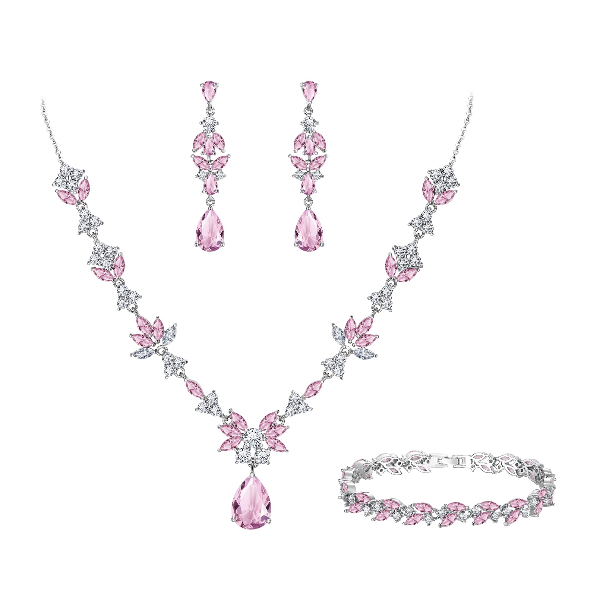 Clearine Wedding Jewellery Set for Brides Bridesmaids, Tennis Bracelet Dangle Earrings Set with Cubic Zirconia Teardrop Y-Necklace for Women Pink Silver-Tone