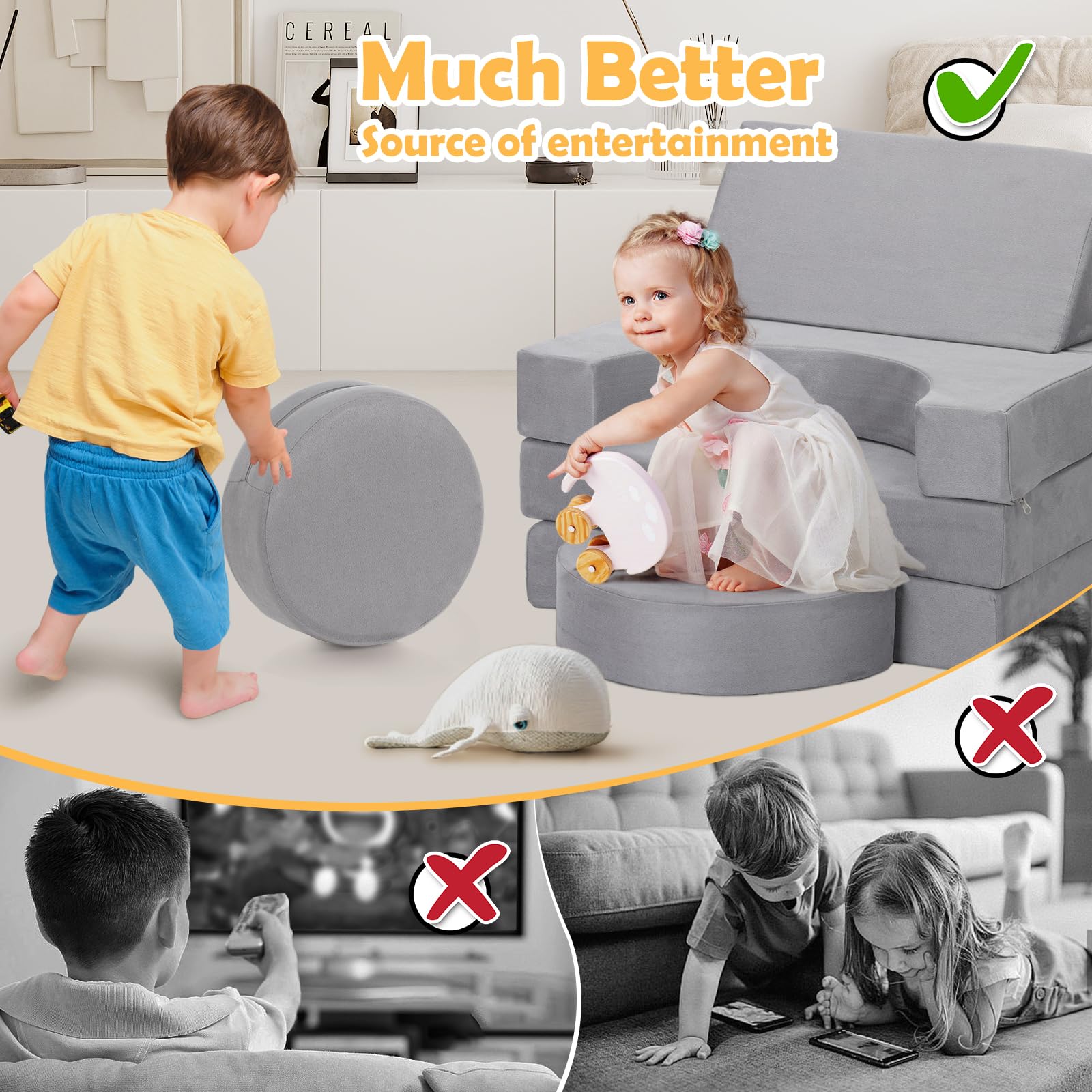 JungleDove 16Pcs Soft Play Blocks for Toddlers & Kids, Foam Climbing & Crawling Toys for Boys & Girls Aged 3+, Corner Climber Nugget Play Couch, Grey