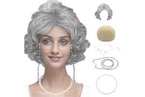 CUPOHUS Old Lady Costume Set Grandma Wig Cap Madea Granny Glasses Eyeglass Chains Cords Faux Pearl Bead Necklace Cosplay Set 5 Pieces