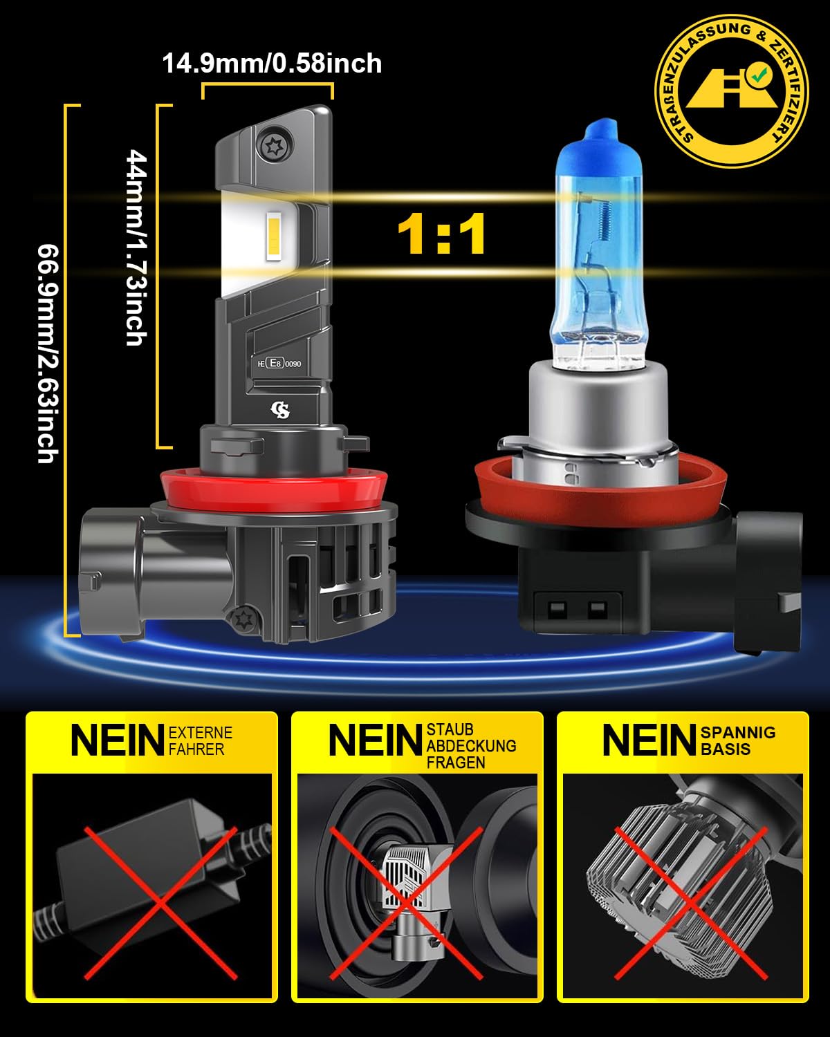 OUSHI H11 LED Scheinwerferlampe mit Straßenzulassung, 5500K Weiß UNECE-R37 Zugelassene H9 H8 LED Fernlicht und Abblendlicht mit Zulassung (2 Stück) 6