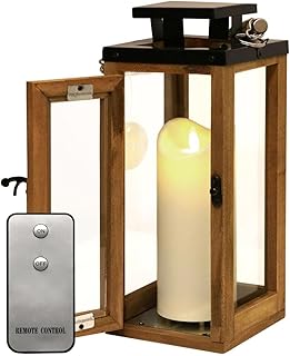 Dekovita 30cm Holz-Laterne - Gartenlaterne inkl. 18cm Outdoor LED Kerze in Creme-Weiß mit Timer Fernbedienung