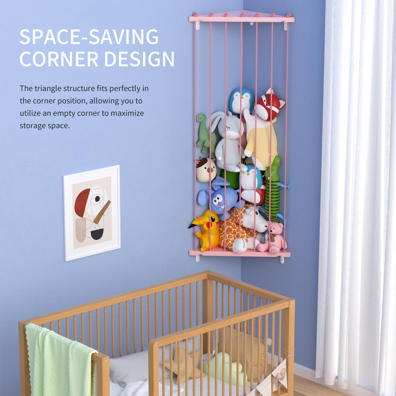 GGUO Corner Stuffed Animal Storage Net - Stuffed Animals Holder with Lights - Plush Toy Organizer Hanging Stuffed Animal Hammock with Adjustable Length for Kids Room Playroom Bedroom Nursery Decor