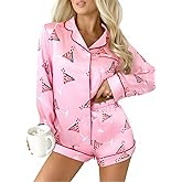 UNIQUEONE Womens Christmas Pajama Sets Silk Satin Pajama Soft Long Sleeve Sleepwear 2 Piece Button down Pjs Set
