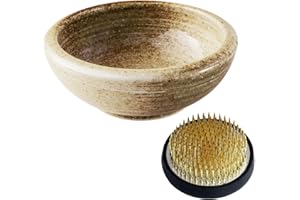 Wazakura Minoyaki Series Japanese Ikebana Essential Tool Kit - Small Round Ceramic Flower Vase and Kenzan Pin Frog for Floral Arranging (Sand Beige Vase + 2in (61mm) Brass Kenzan)
