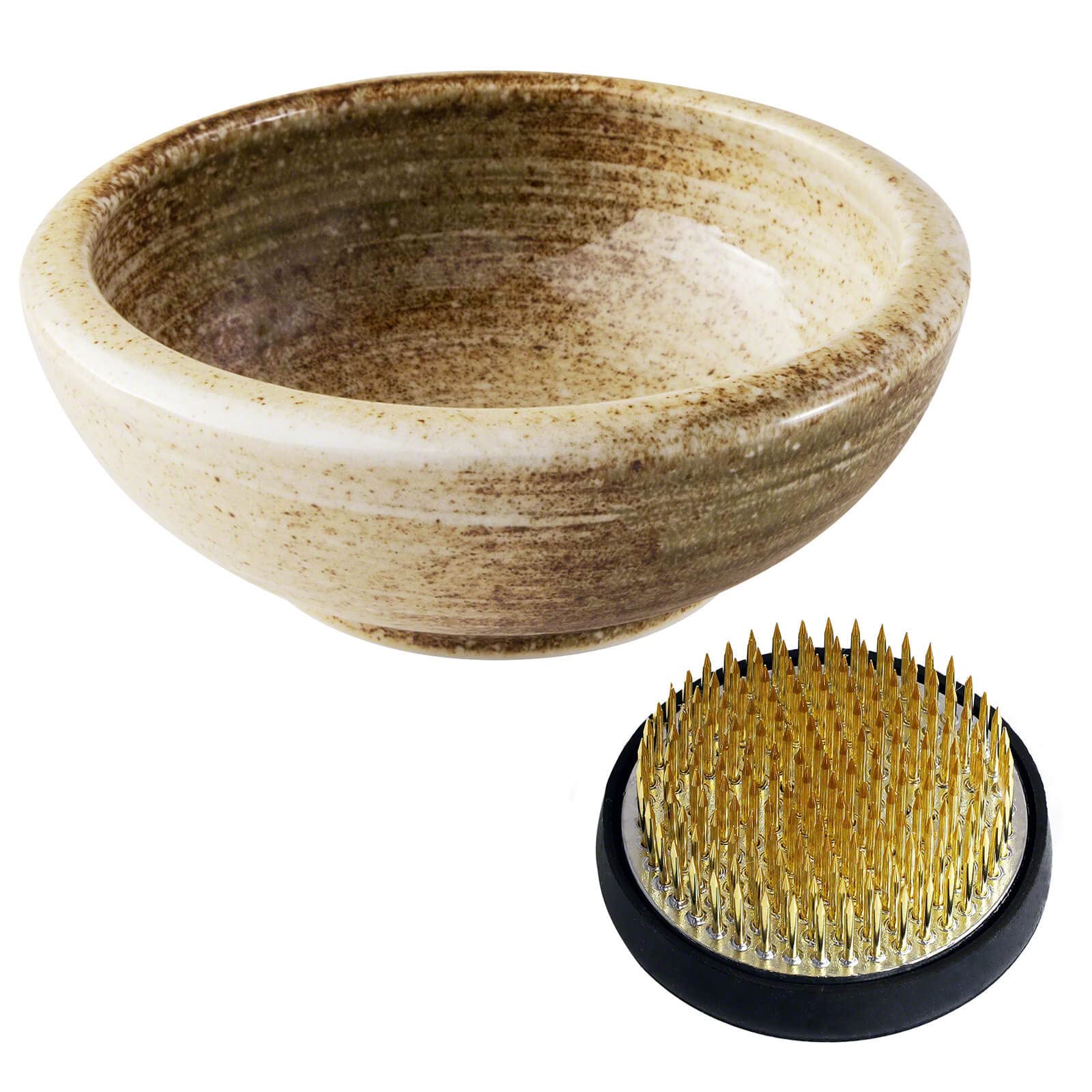 Wazakura Minoyaki Series Japanese Ikebana Essential Tool Kit - Small Round Ceramic Flower Vase and Kenzan Pin Frog for Floral Arranging - Sand Beige Vase +2in (61mm) Brass Kenzan — image 1