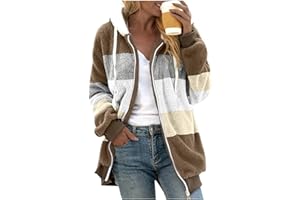 Barnrae Coats for Women, Women's Fashion Casual Loose Plush Striped Zipper Long Sleeve Stitching Hooded Jacket Coat