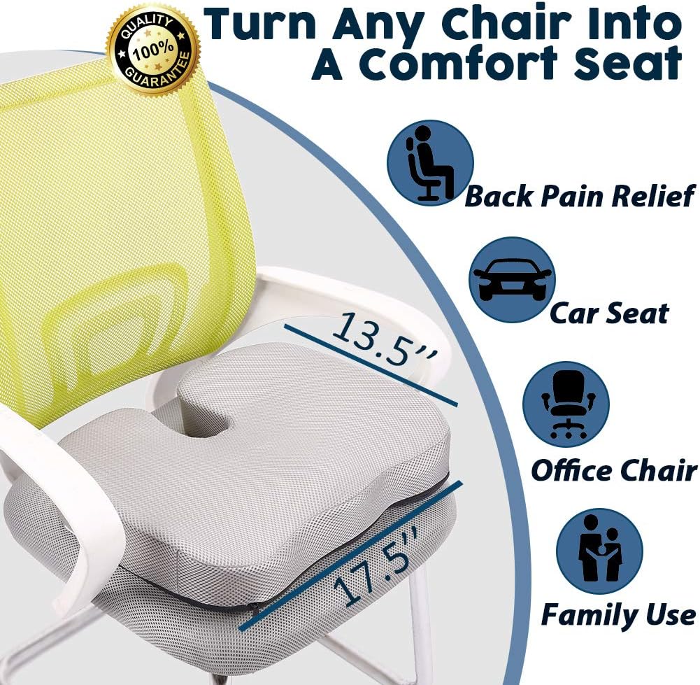Memory Foam Seat Cushion for Office Chair, Non-Slip Orthopedic Memory Foam Coccyx Cushion for Long Sitting, Cushion for Office Chair Car Seat Cushion, Tailbone Pain Relief Cushion, Gray Mesh Cover: Home & Kitchen
