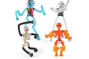 EOWVSIO Halloween Pop Tubes Skeleton Toy,4PCS Nightmare Before Christmas Pop Tube Fidget Toys Airplane Car Travel Activities Toys Sensory Autism Toys for Toddlers,Halloween Party Favors Treat Bags