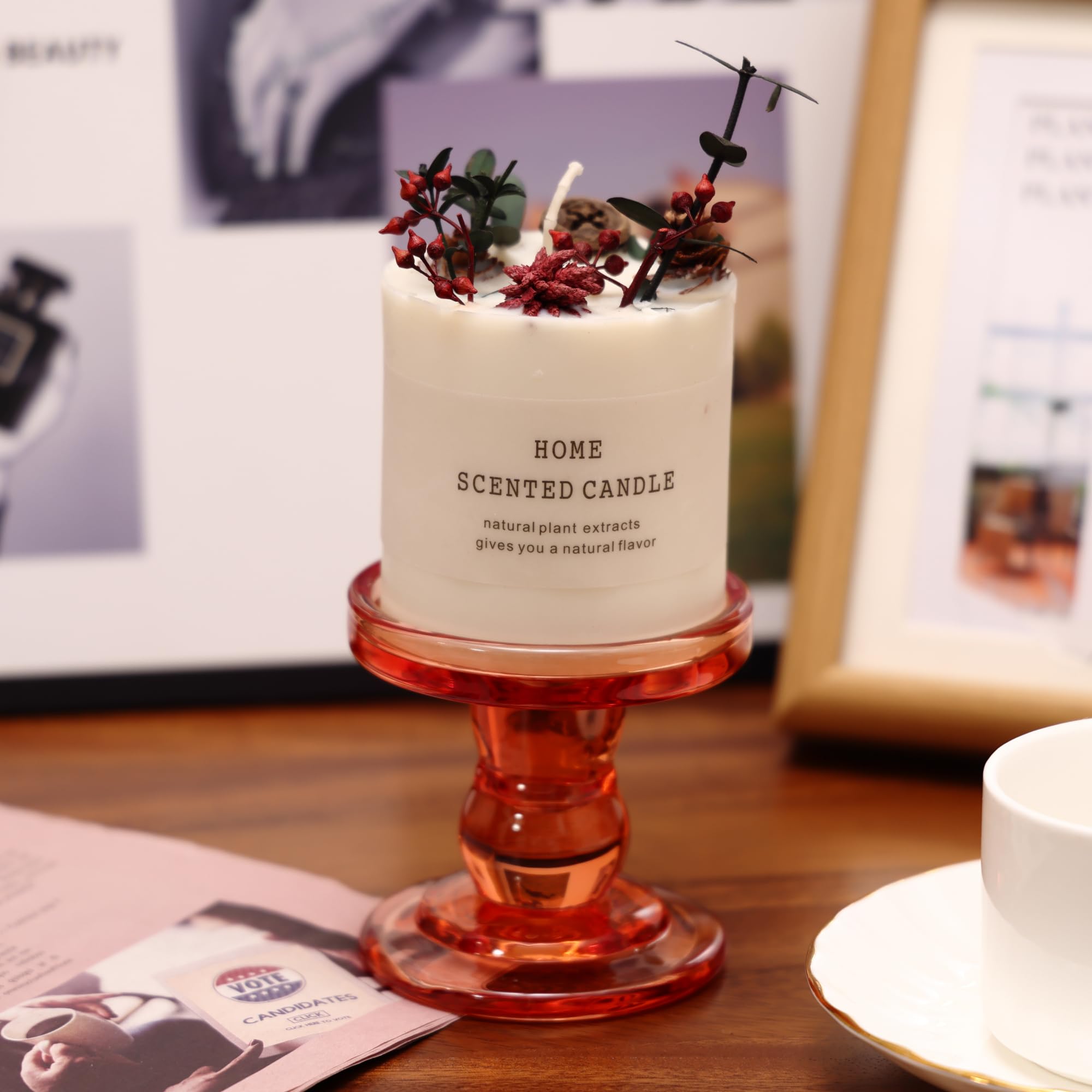 Orange Glass Candle Holder Set, QENUIITEA Set of 3 Clear Candlesticks Holders Pillar Taper Candles Tea Light Stand for Centerpieces Church Wedding Party Home Decor Dining Table