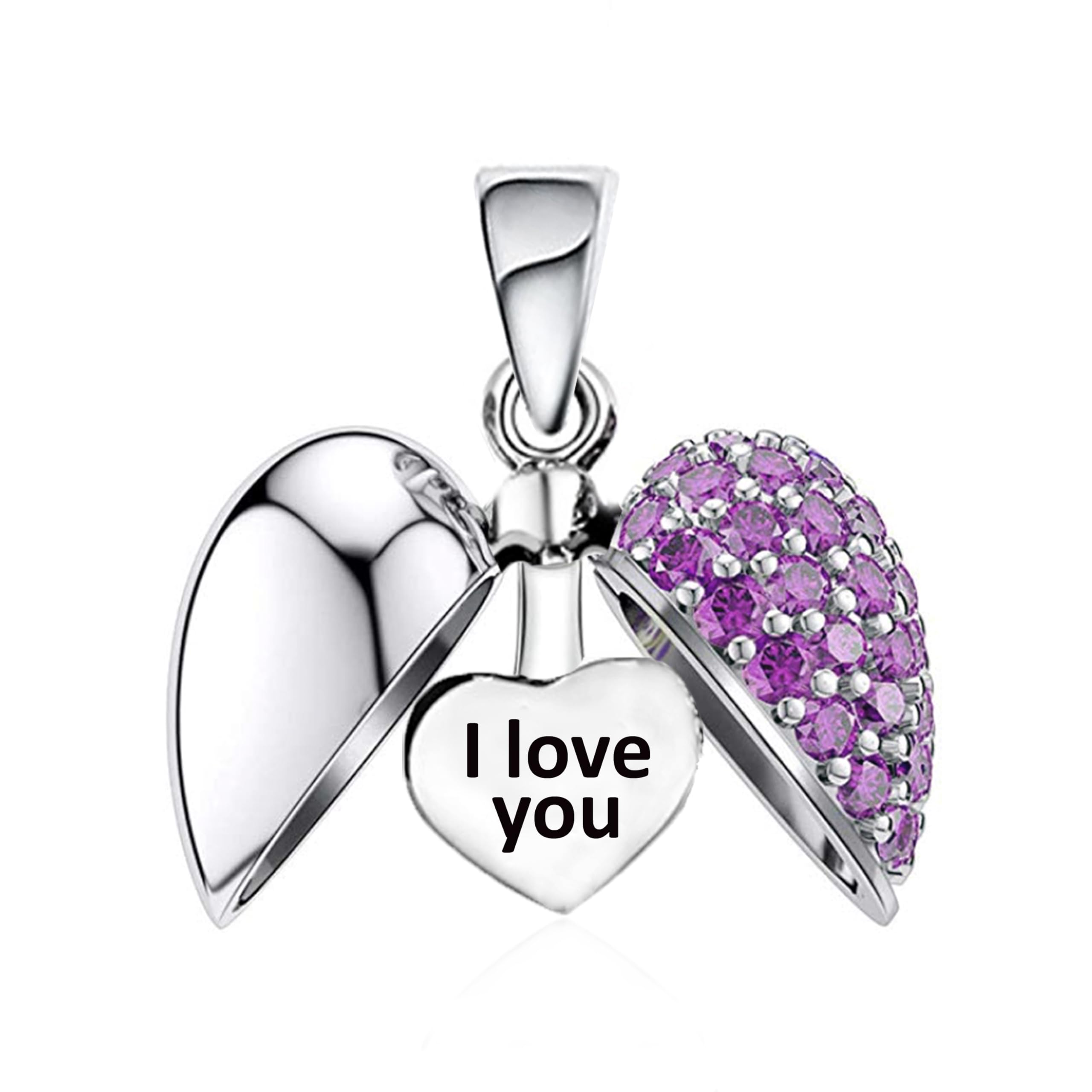 I Love You Heart Pendant Charm for Pandora Moments Bracelet & Necklace 925 Sterling Silver Sparkling Purple Crystals Women Her Girls - Gift Box