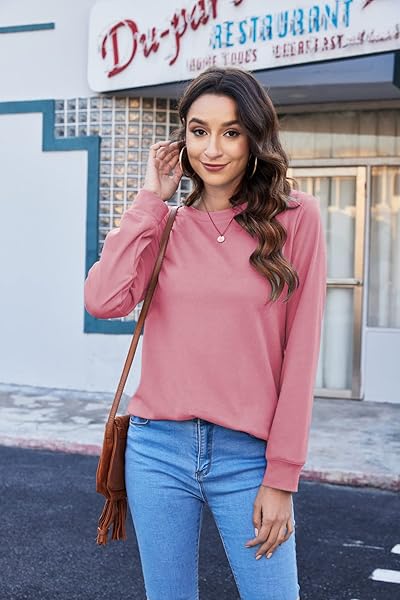 SUPNIER LONG SLEEVE TOPS FOR WOMEN CASUAL COMFY CREWNECK LOOSE FIT SHIRTS BLOUSES PINK S