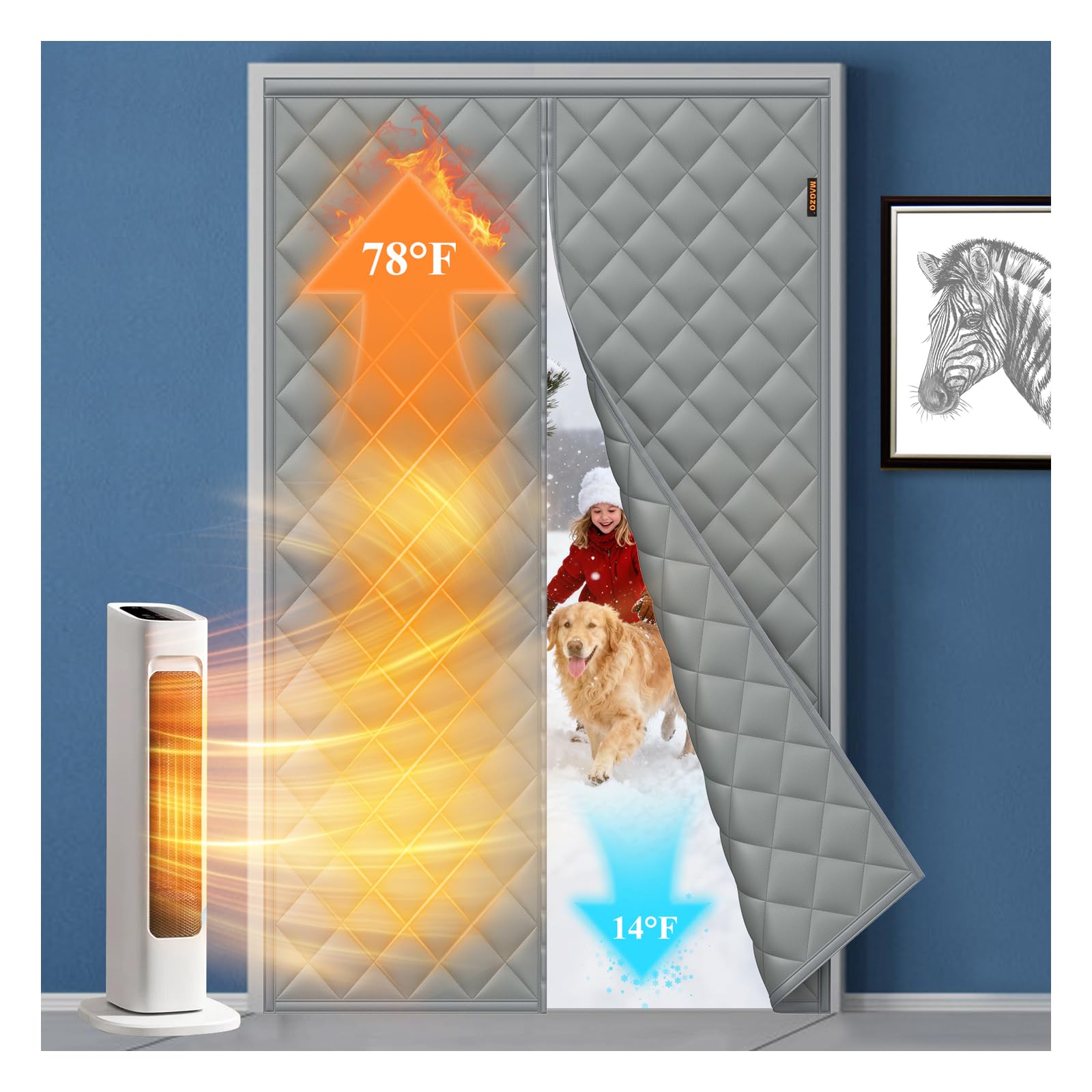 MAGZO Magnetic Thermal Insulated Door Curtain, Fits 32'' x 80'' Door(Curtain Size 34'' x 82''), 5 Layers Oxford&Cotton Cover Blanket Insulation for Winter/Doorway/Attic Doors, Keep Cold Air Out, Grey Image