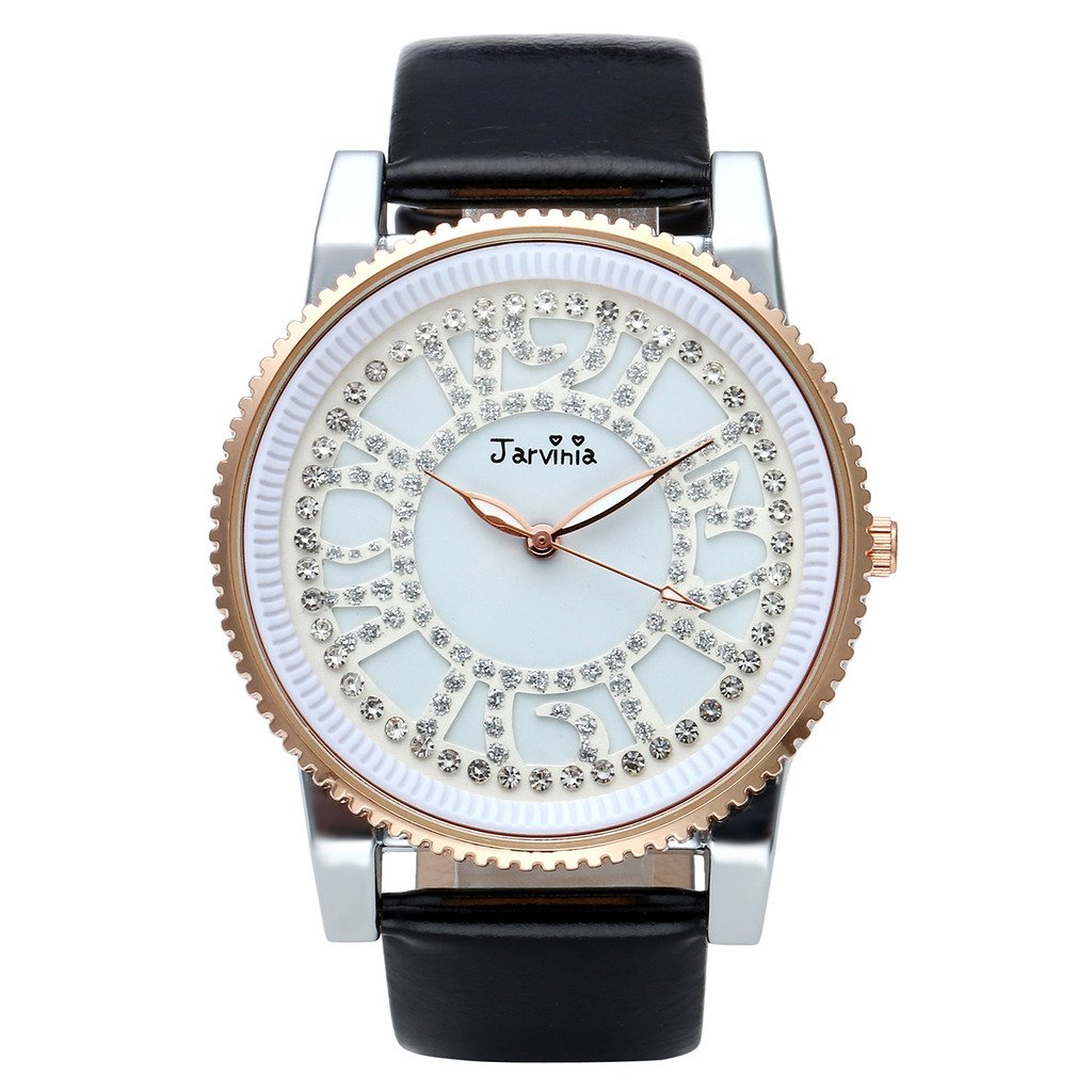 JSDDE Uhren,Elegant Frauen Armbanduhr Strass Ziffern Damen-Armbanduhr Echtleder Armband Analog Qaurzuhr J251,Schwarz