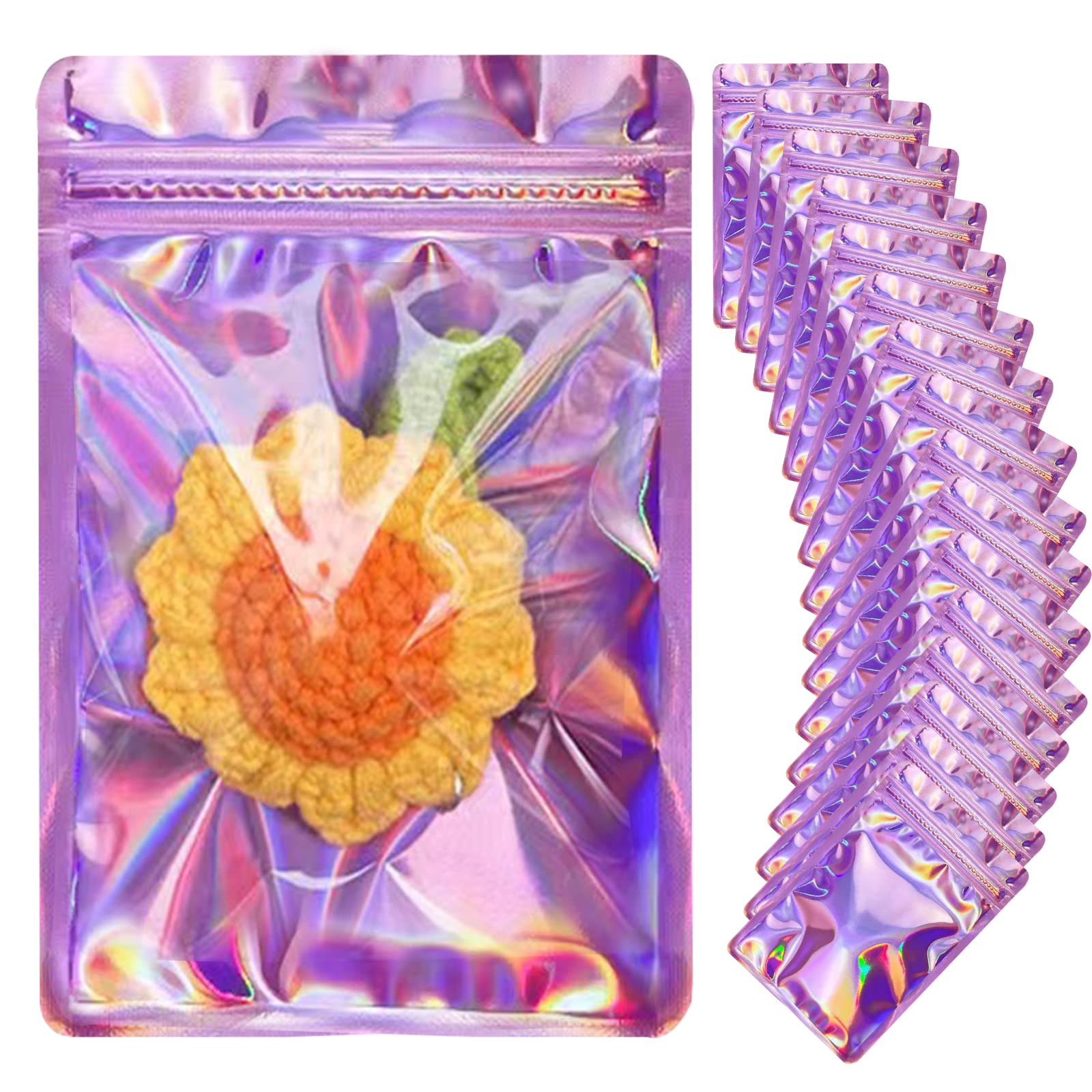 View 1 of 100pcs Holographic Bags for Small Business Resealable Mylar Bags for Food Storage Snack Size Zipper Baggies with Clear Winodw Packaing Jewelry Lip Gloss Candy(5x8.7inch)
