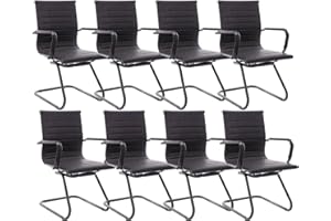 CIMOTA Waiting Room Chairs Leather Office Guest Chair Mid Back Reception Chairs with Sled Base for Meeting/Patient/Conference Room, Retro Black Set of 8