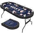 Goplus 72” Poker Table Foldable, 8 Players Card Board Game Table w/Deep Metal Cup Holders, Casino Grade Felt, Portable Folding Oval Blackjack Table for Texas Holdem, No Assembly Required (Blue)