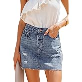 HERBATOMIA Women’s Ripped Short Jean Skirt High Waisted Stretchy Washed Frayed Mini Denim Skirts for Women with Pocket